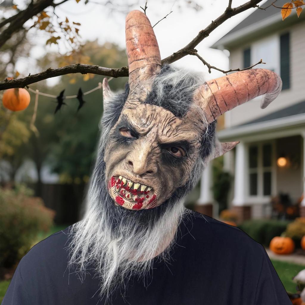 Démonická latexová maska s rohy a zakrvácenými ústy pro halloweenské party kostým Pokrývka hlavy a Cosplay doplňky