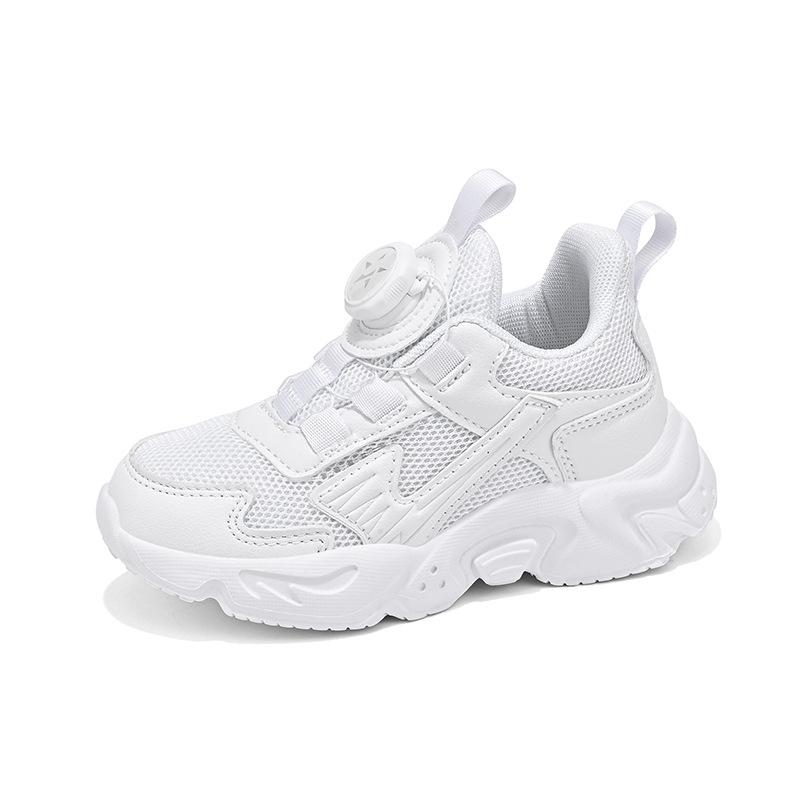 Children's Little White Shoes 2025 Spring and Autumn New White Mesh Breathable Rotating Button Medium and Large Children's and Boys' Sports Shoes
