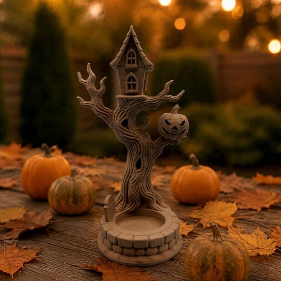 Halloween Themed Room Accessories 3D Printed Tree House Ornament with Pumpkin, Spooky Table Desktop Landscaping Props Centerpiece, Dead Figurine