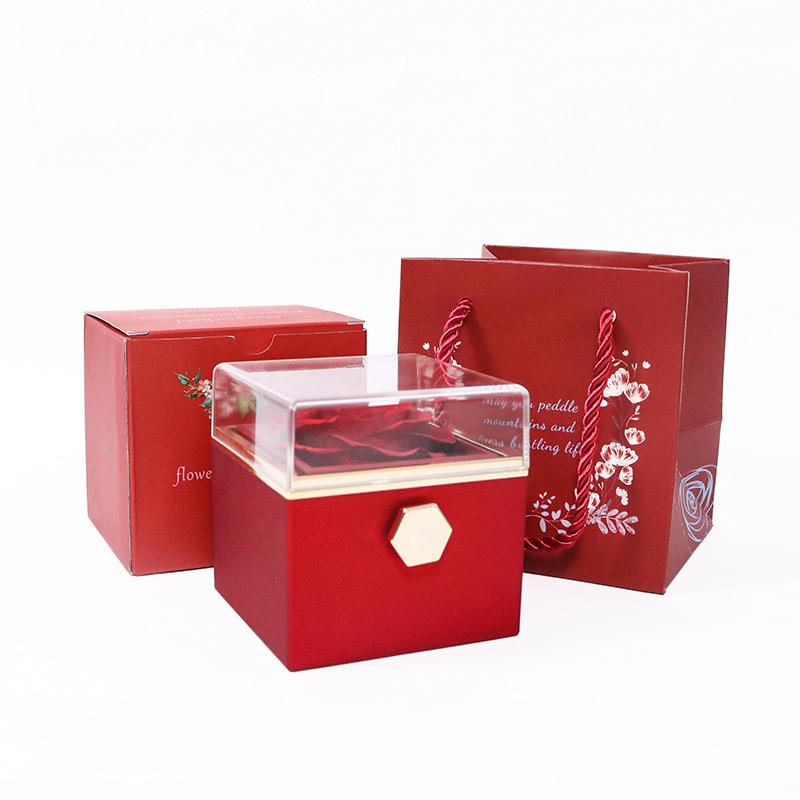 Manual Rotating Preserved Flower Jewelry Box with Necklace Ring Holder Luxury Acrylic Eternal Rose Box for Anniversary Gift