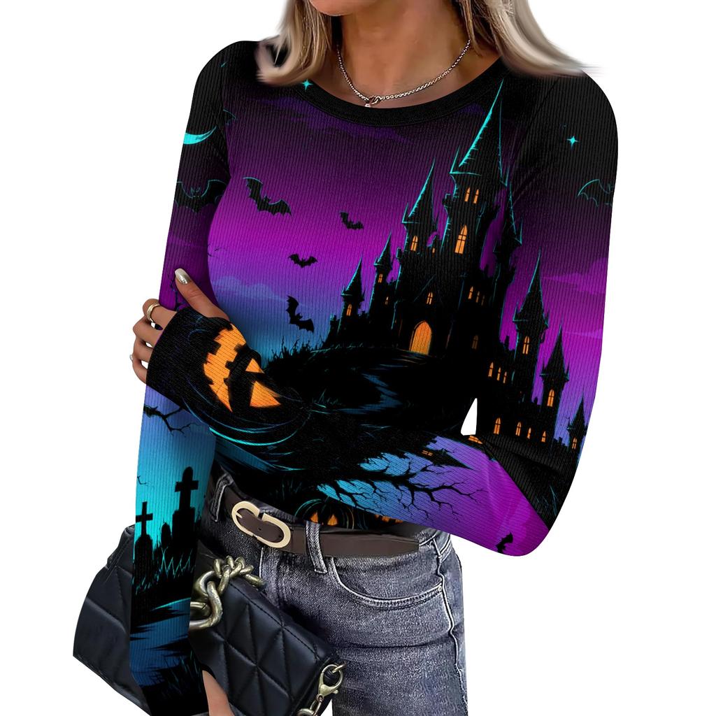 Women's Slim Fit Halloween Print Pullover Long Sleeve T Shirt Crew Neck Base Layer Top with Thumb Hole Cuffs Stretch Fabric