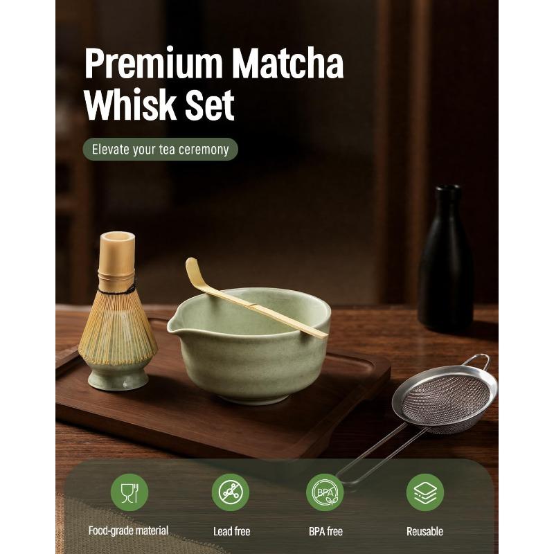 Complete Matcha Whisk Set - ThymeSpace Bamboo Chasen, Scoop & Steel Sifter for Traditional Japanese Tea Ceremony Tools Kit