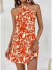 Halter Neck Flower Print Dress Lace Up Ruffle Edge Backless Dress Sleeveless Chiffon Dresses Causal Women Dress