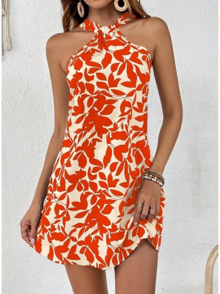 Halter Neck Flower Print Dress Lace Up Ruffle Edge Backless Dress Sleeveless Chiffon Dresses Causal Women Dress