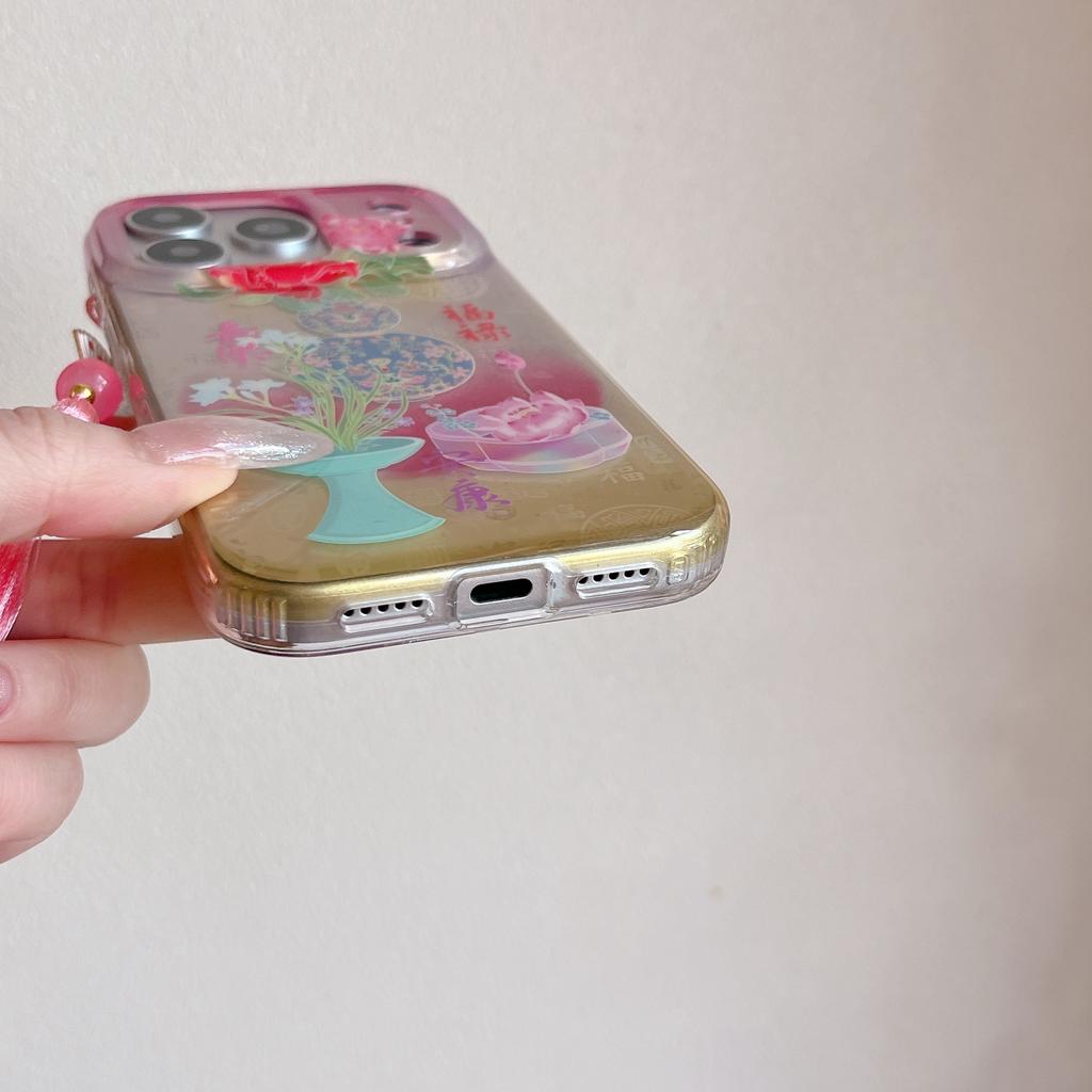 Traditional Chinese Gradient Peony & Lantern Pink Fan Tassel Phone Case for iPhone 17 16 15 14 11 12 13 Pro Max Plus Back Cover