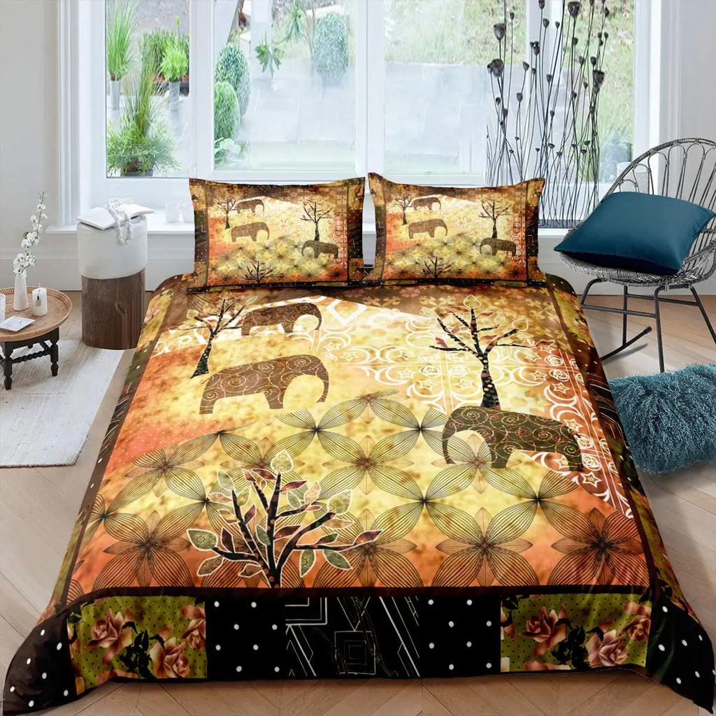 Elephant Soft Duvet Cover Set Ful,Boho Vintage High-End Premium Beding Set Exotic Mplusala Comfortable Quilt Cover Tribal Ethnic Warm Comforter Cover