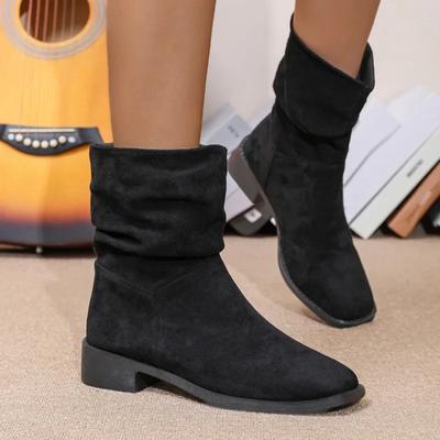 2024 Modische und bequeme Bestseller Damenstiefel Herbst Runde Zehenpartie Einfarbig Kurzer Schaft Dicker Absatz Übergröße Stiefel