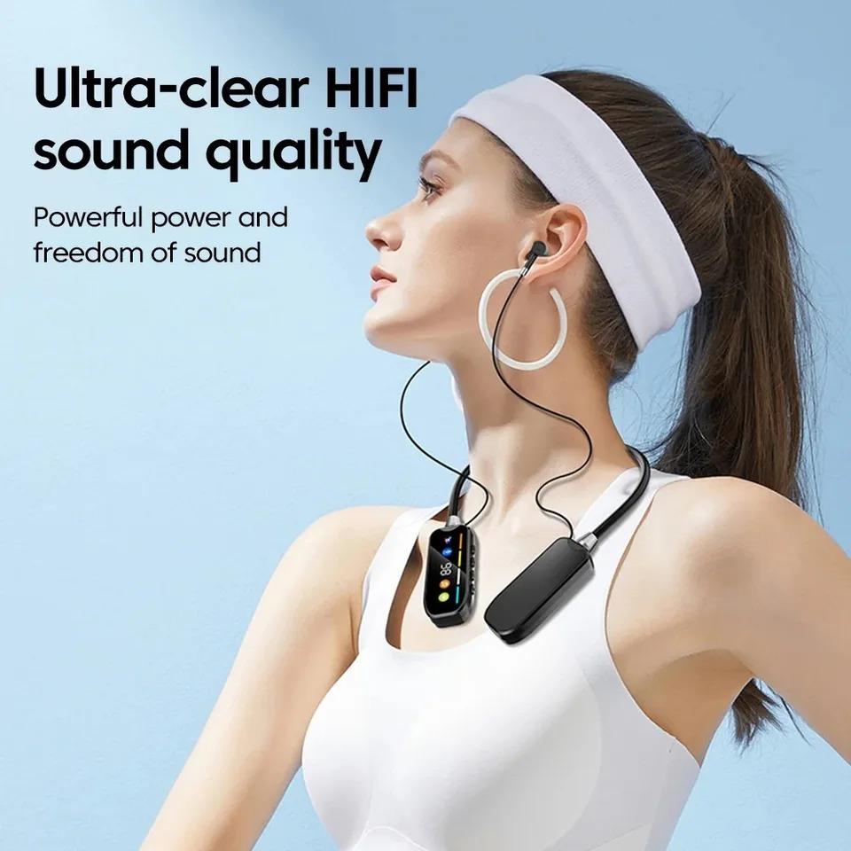 HD Screen Bluetooth 5.4 Headphones Neckband Earphones Wireless Waterproof Headsets HiFi Stereo Earbuds Support TF Card