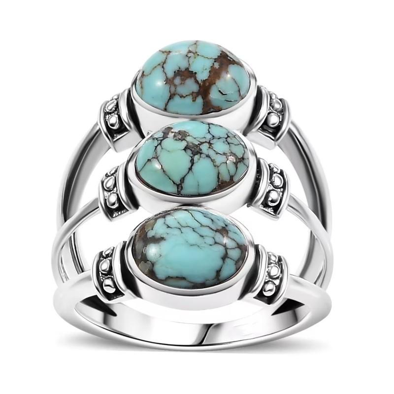 Vintage Inlaid Imitation Turquoise Women's Ring Ethnic CopperColor Hand Carving Daily Wear Party Jewelry Anniversary Gift