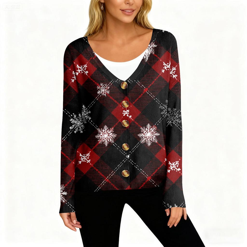 Women's Fashion Long Sleeve Christmas Snowman Snowflake Print Jacket Cardigan