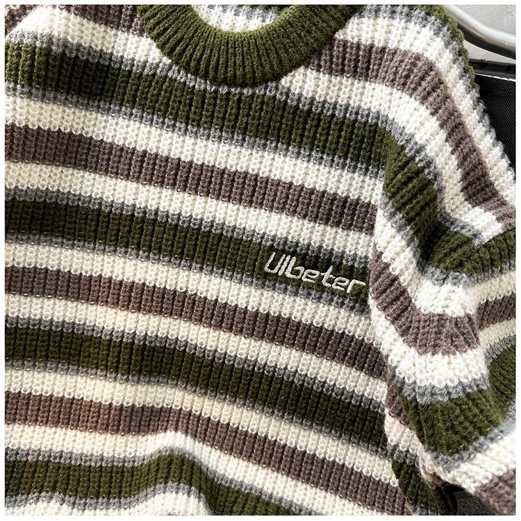 Men's Japanese Retro Striped Sweater - Thick Knit, Round Neck, Loose Fit for Autumn/Winter
