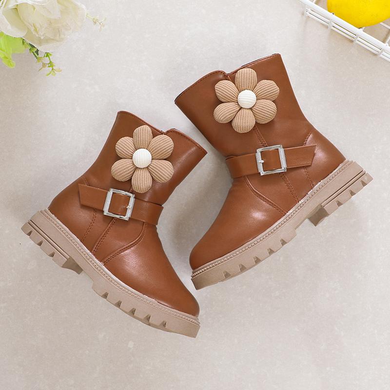 Sweet Princess Boots Flowers Cute Buckle Fashion Kids Shoes Side Zipper Children Casual Shoes PU 2024 New Brown Beige Elegant