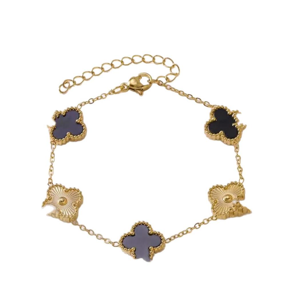 Stainless Steel 18K Double-Sided Mother-of-Pearl Four-Leaf Clover Bracelet for Men & Women - Simple Colorfast Jewelry