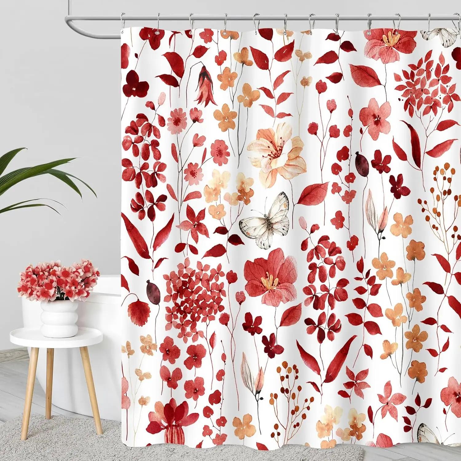 Pink Floral Shower Curtain, Cute Flower Fabric Shower Curtains for Bathroom, Wildflower Butterfly Cloth Shower Curtain 90x180CM