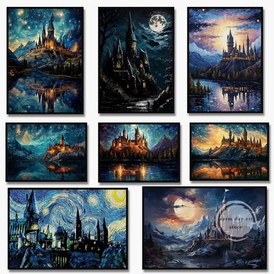 Hvězdná noc Čarodějnický hrad Magická škola Plakát Umění Plátno Malba Tisk Nástěnné umění Obrázek Gotický pro Obývací pokoj Domácí dekorace