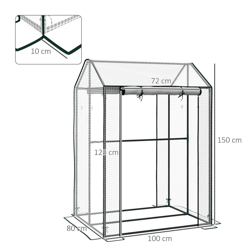 Garden Greenhouse, 2 Compartments, 2 Roll-Up Doors, 1 x 0.8 x 1.5 m, Steel and PE