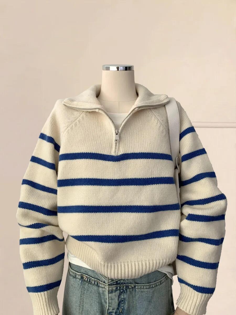 

Белый полосатый енотовый шерстяной женский свитер поло на молнии S for 75-95 jin белый