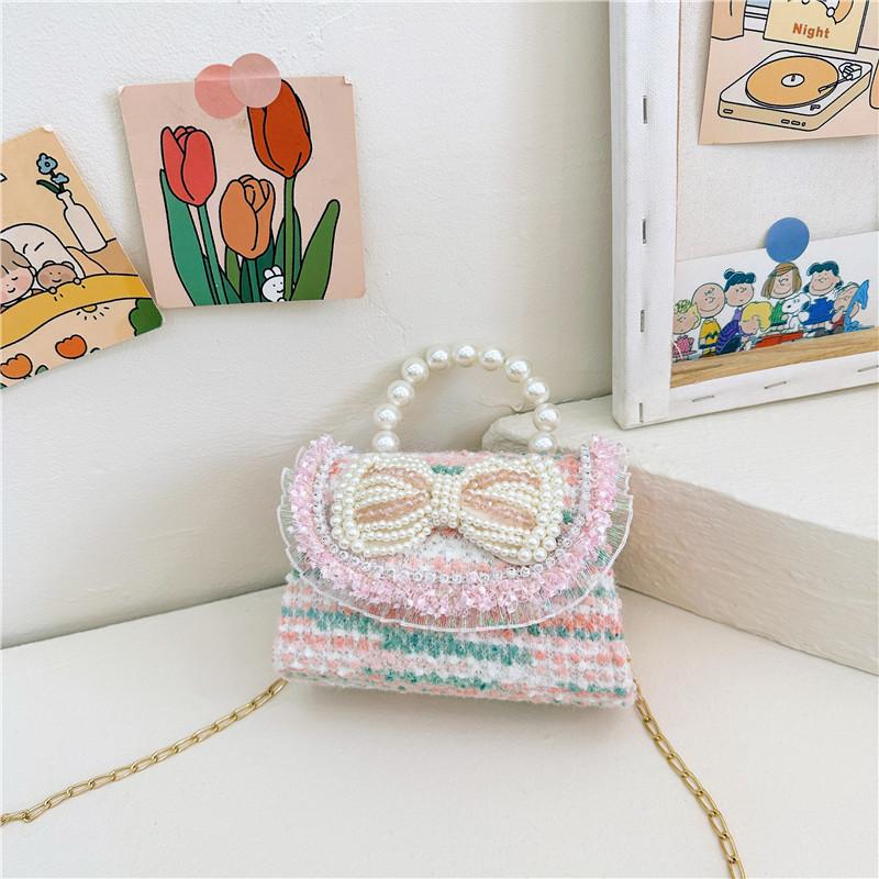 Colorful Sequin Kids Bag With Bowknot Stylish Pearl Handle Mini Crossbody Bag