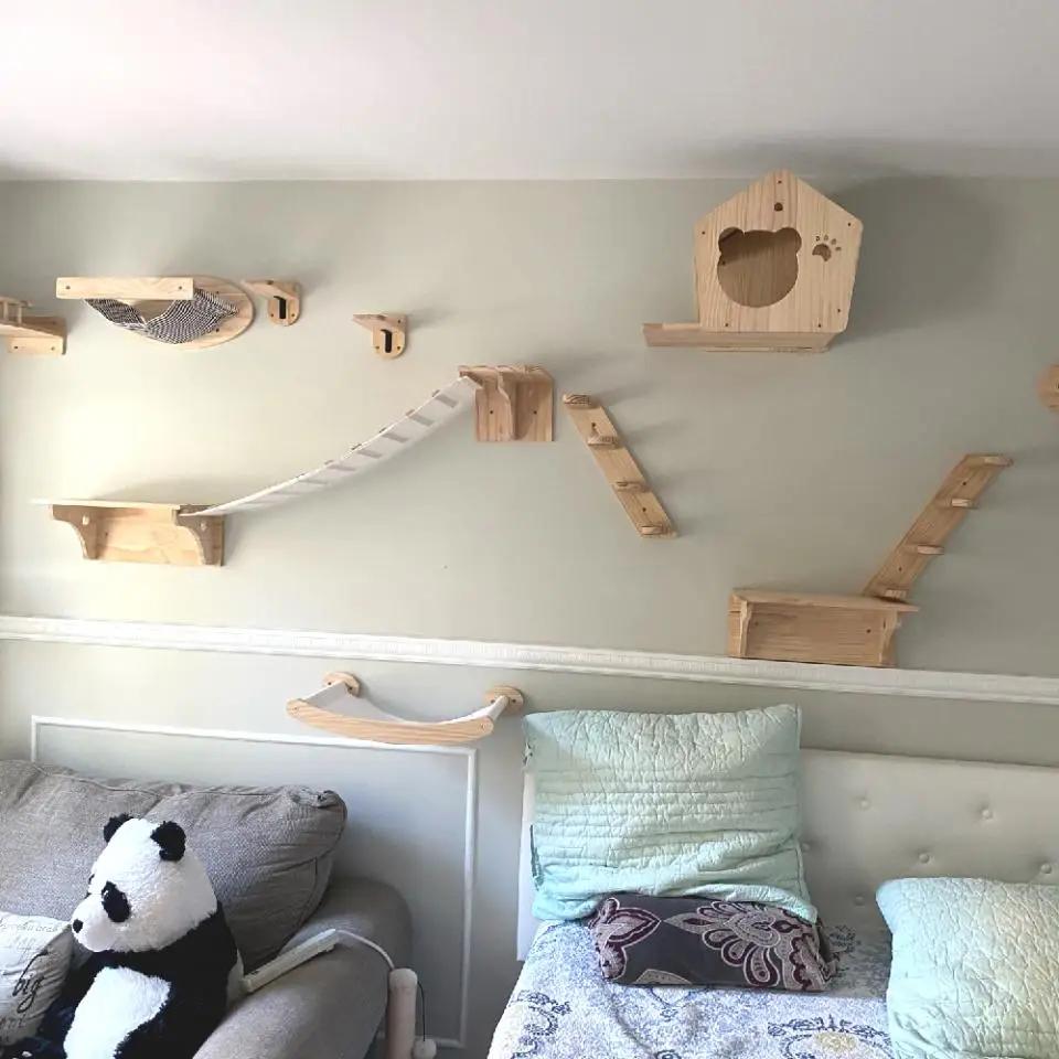 Katzenmöbel Massivholz Hängebrücke Wandmontage Sisal Katzenkletterleiter Stufen für Katzen zur Bewegung und zum Spielen