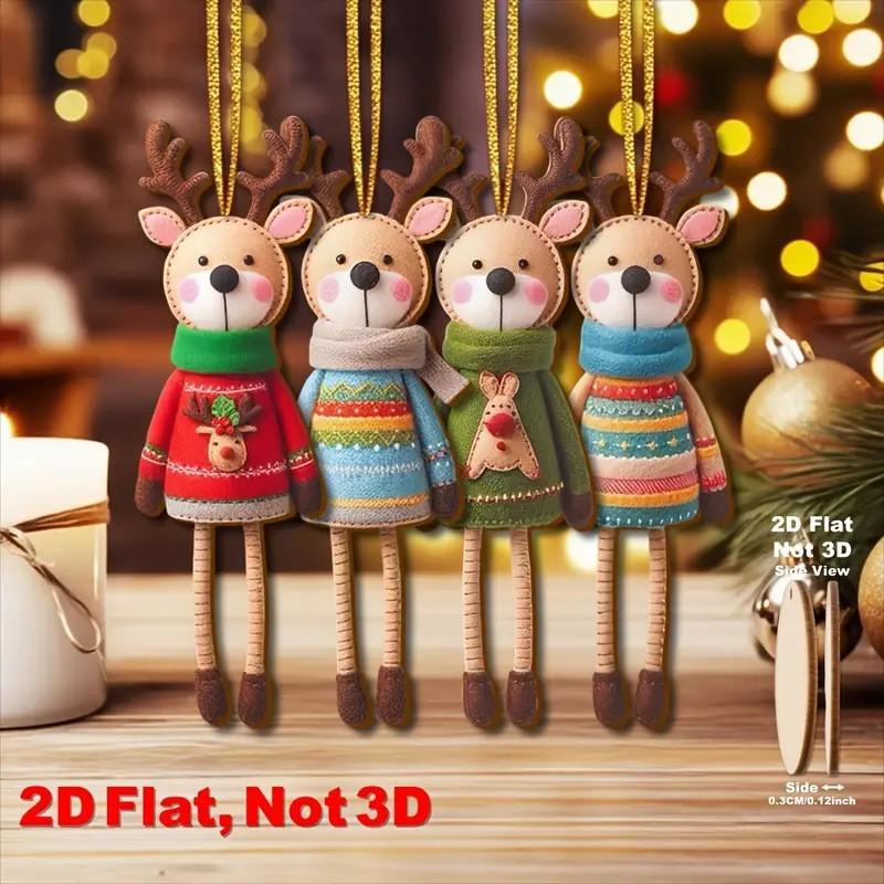 16Pcs 2D Colorful Christmas Reindeer Wooden Pendant Ornament Cartoon Christmas Tree Hanging Decoration For Home New Year Gift