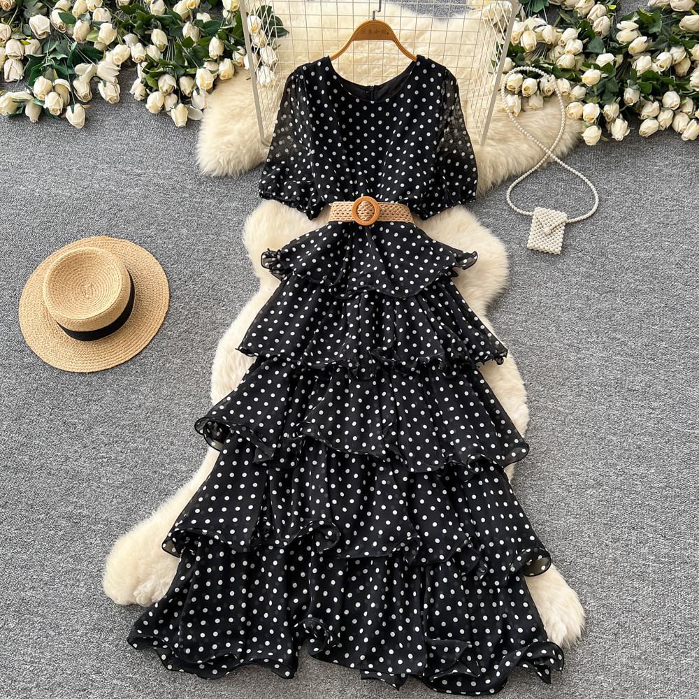 French red polka dot A word pure desire dress women's high waist waist thin cake dress temperament commuter dress