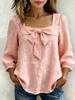 Women Solid Color Bow Knot Loose Fit Square Collar Nine Quarter Sleeve Fashion Blouse Shirt