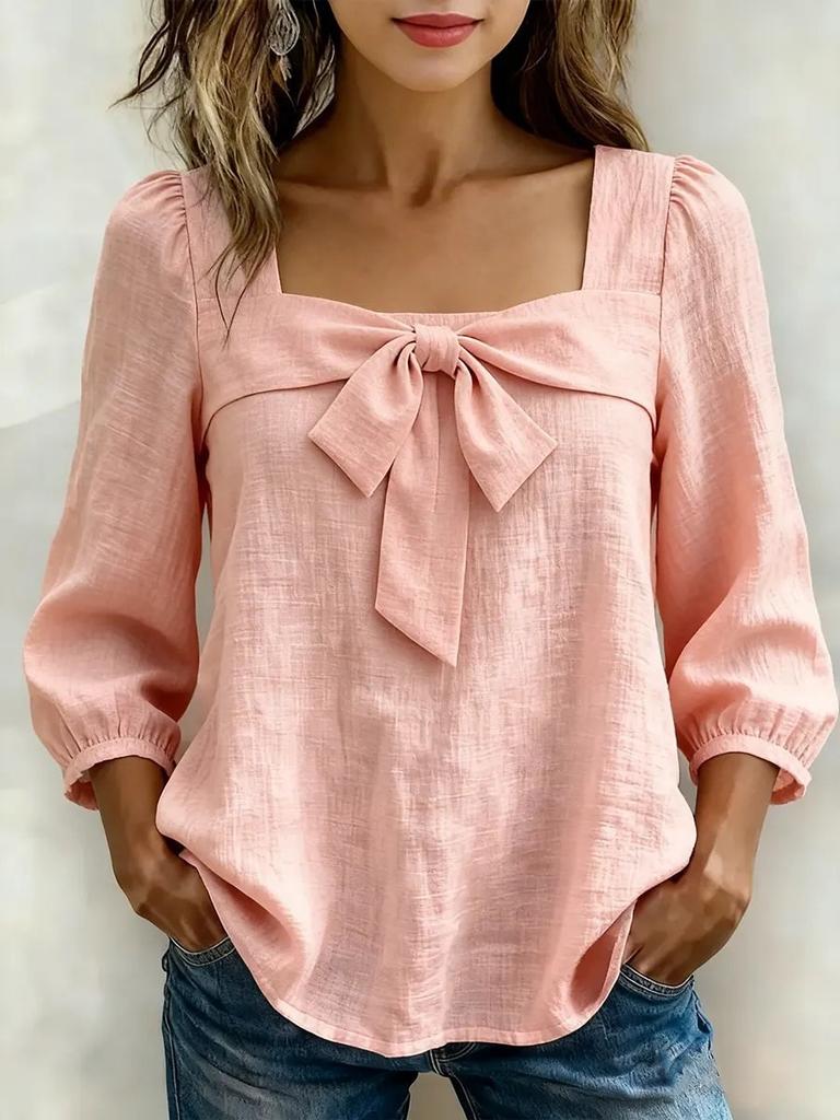 Women Solid Color Bow Knot Loose Fit Square Collar Nine Quarter Sleeve Fashion Blouse Shirt