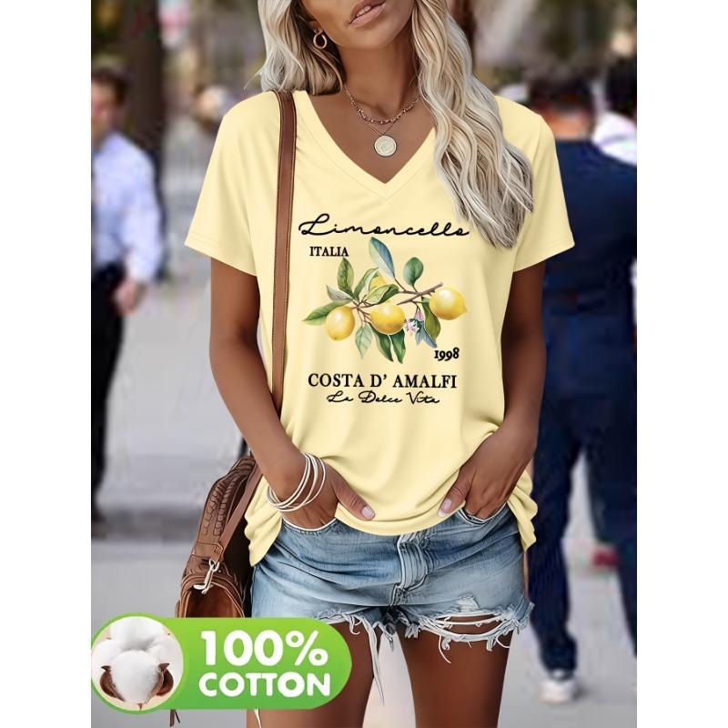 Lemon Branch Pattern Print Spring and Summer 100% Fashionable Women's Heavy V-neck Short-sleeved T-shirt