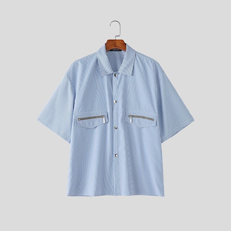 INCERUN Oversized Men Lapel Neck Short Sleeve Striped Splicing Casual Summer Shirts M