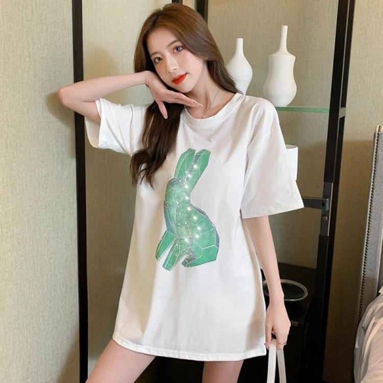Heavy Industry Diamond White T-shirt Women's Hong Kong Style Summer New Loose Mid-Length Short-Sleeve Top