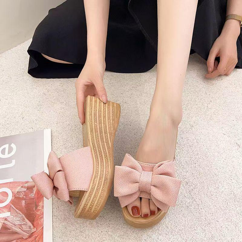 Women's Summer New Wedges Bow Outdoor Slippers Thick Sole Non Slip Lightweight Home Slippers Outdoor High Heel Slippers Sandals