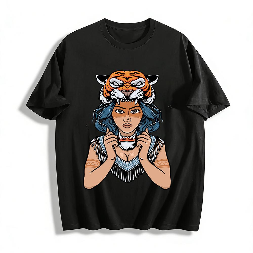 

Tribal Tiger Totem Girl Graphic Print Casual Top Pure cotton T-shirt XXS