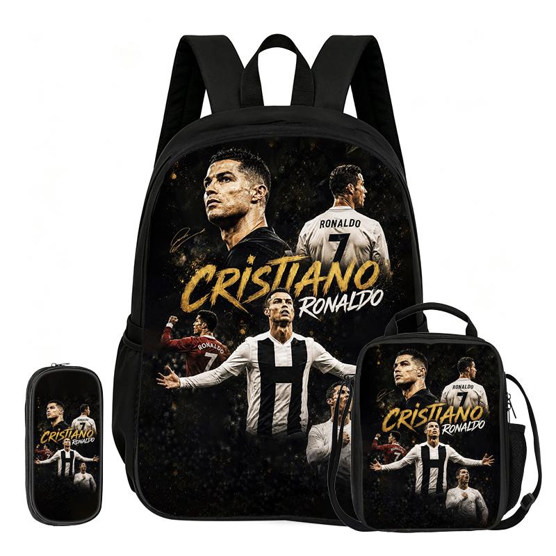 Zaino Sportivo Calcio Set 3 Pezzi Ronaldo Zaino Scolastico Imparare, Borsette da Viaggio per Matite, Borsa Pranzo, Zaino Stella del Calcio