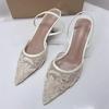 Fashion Designer Embroidered Mesh White Stringbead Heeled Sandals Women Sexy Pointed Toe Slingback Mules High Heels Elegant Party Shoes
