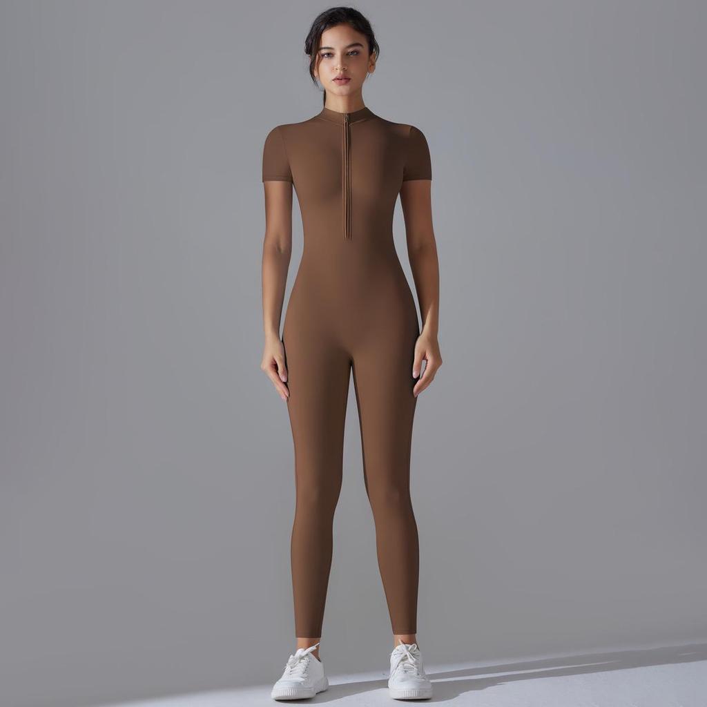 Solid Color Zipper High-Stretch Bodysuit with Short Sleeves and Full-Length Nine-Point Pants for Fitness and Yoga.