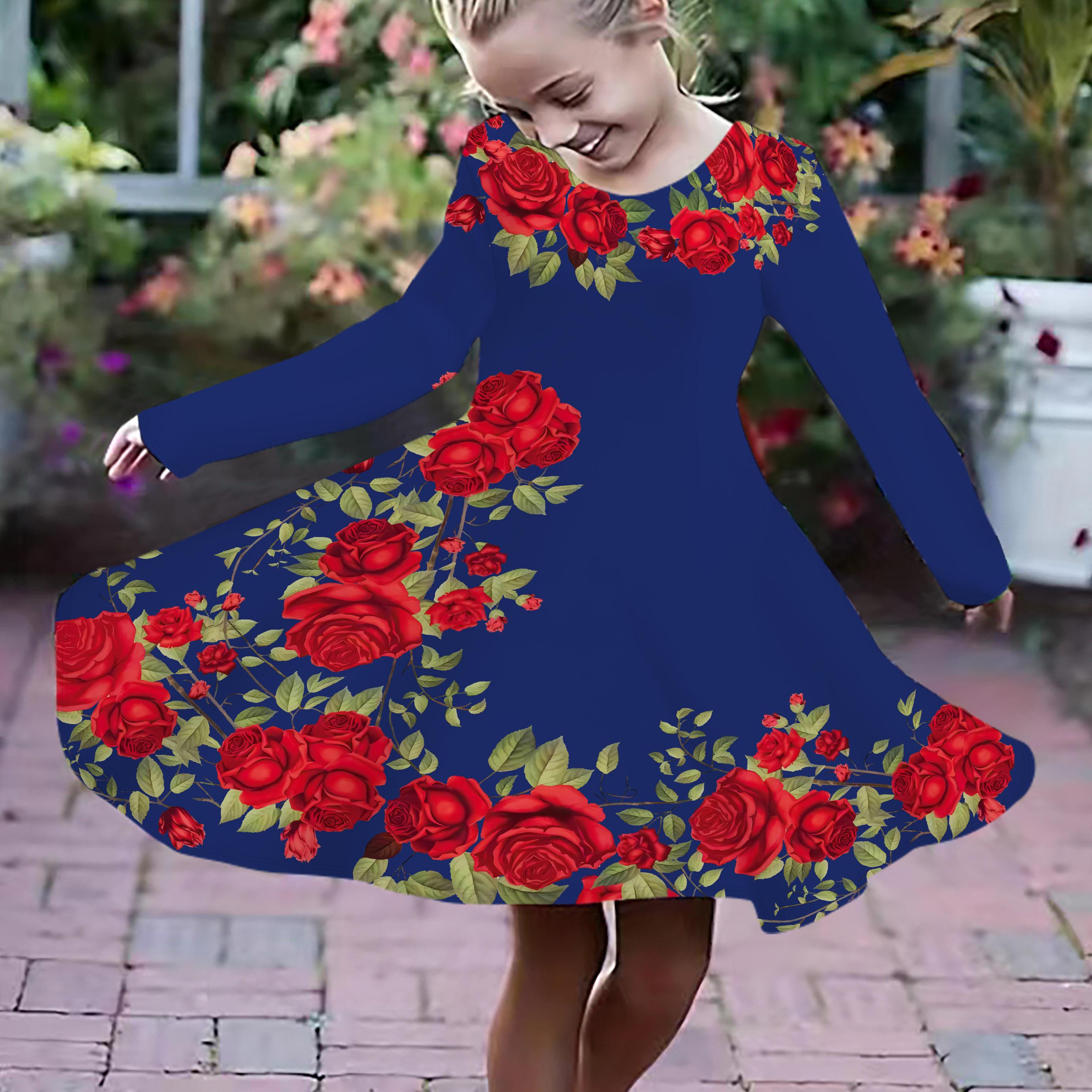 

Повседневное платье для девочки с принтом 3D «Роза с длинными шипами» и круглым вырезом, длинными рукавами, детское платье принцессы 180 синий