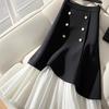 Saia de Chiffon Estilo Ocidental de Alta Qualidade Francesa Costura Irregular Saia Plissada Nova Saia Primavera e Verão Saia de Comprimento Médio com Botões