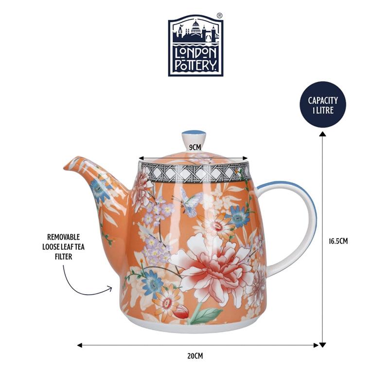 London Pottery 1L Keramik-Teekanne Glockenform mit Orangenblüten-Design und Edelstahl-Teesieb Porzellan-Teekanne