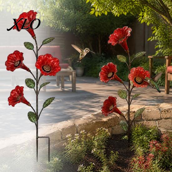 Metal Bird Feeding Station Red Flower Hummingbird Feeder with Ground Stake, Feeder, Outdoor Lawn Ornament Watering for Yard Patio Decoration
