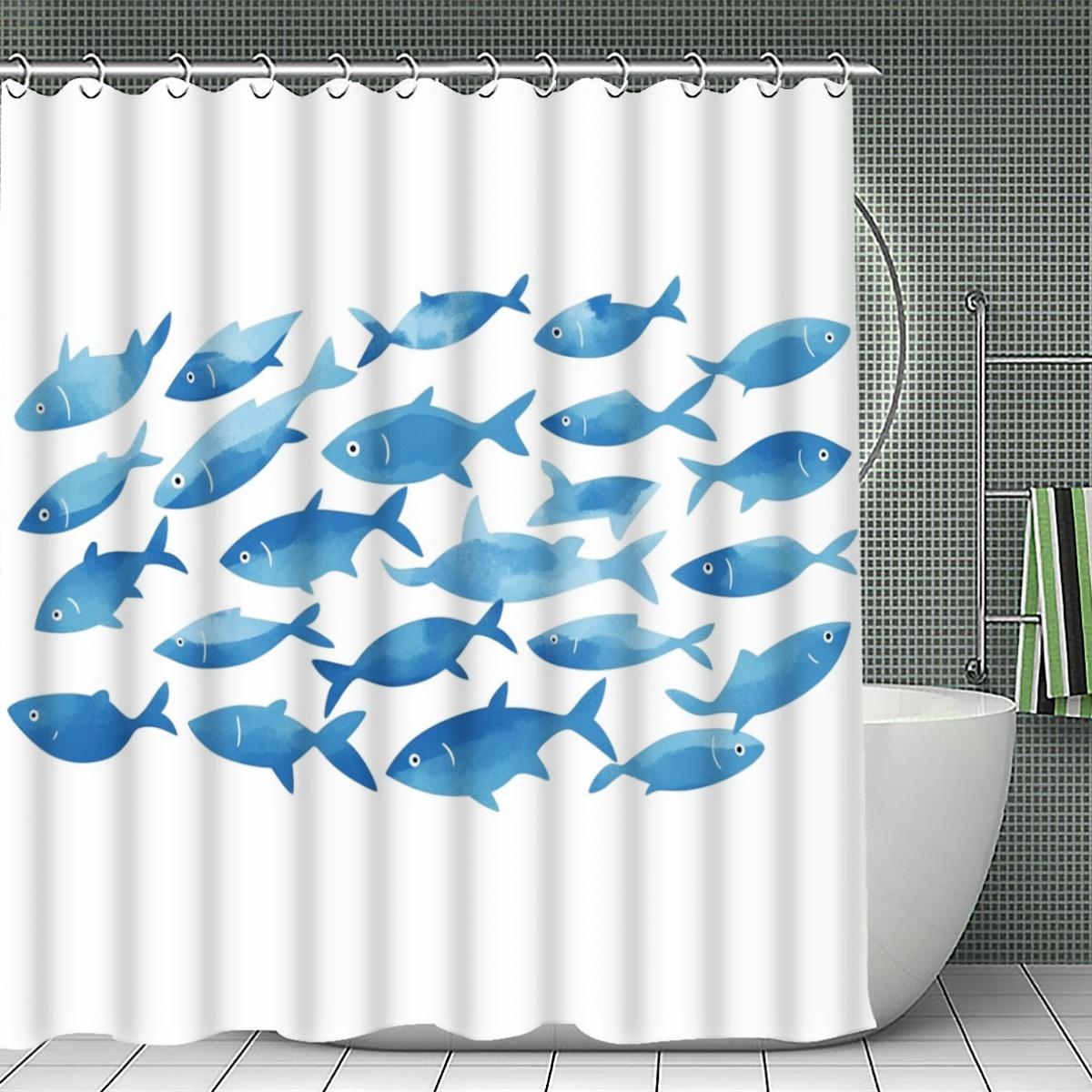

Watercolor Blue Fish School Shower Curtain 1Pc With 12 Hooks For Bathroom Home Decor Polyester 2D Flat Print 70.8X70.8 Inch W60H190(CM)-1 Pcs