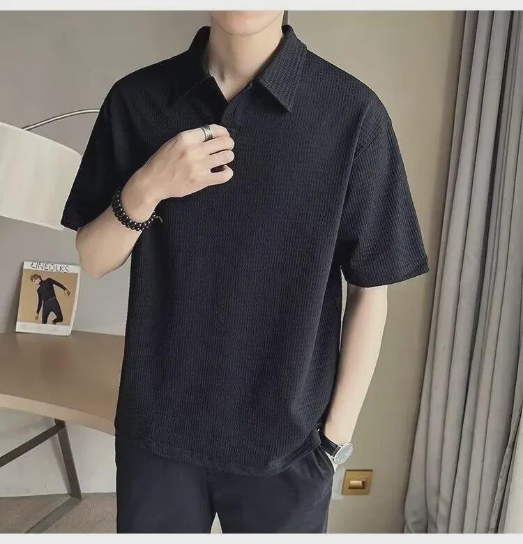 Men's Japanese Retro Loose-Fit Polo T-Shirt - High-End Summer Trend with Collar and Short Sleeves