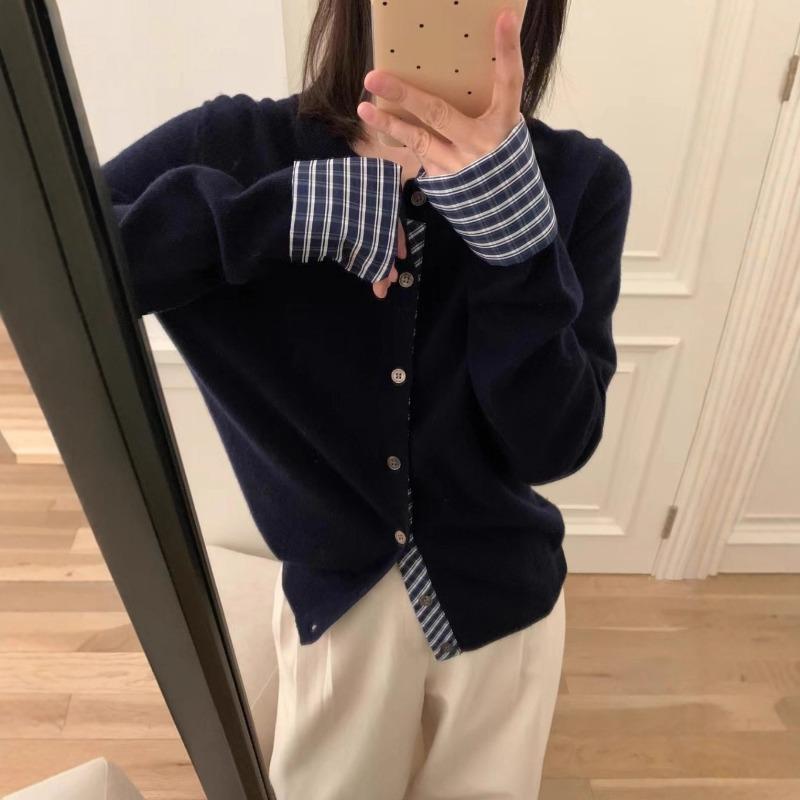 Contrasting color plaid fake two-piece knitted cardigan women's spring and autumn new design sense loose age-reducing sweater jacket