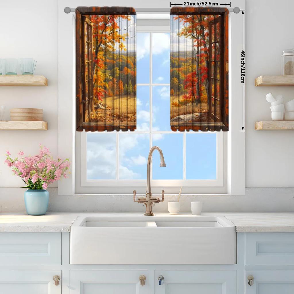 2pcs Autumn Sunshine Forest Red Leaf Scenic Printed Curtains - Artistic Home Decoration Curtains, All Season Decorative Curtains