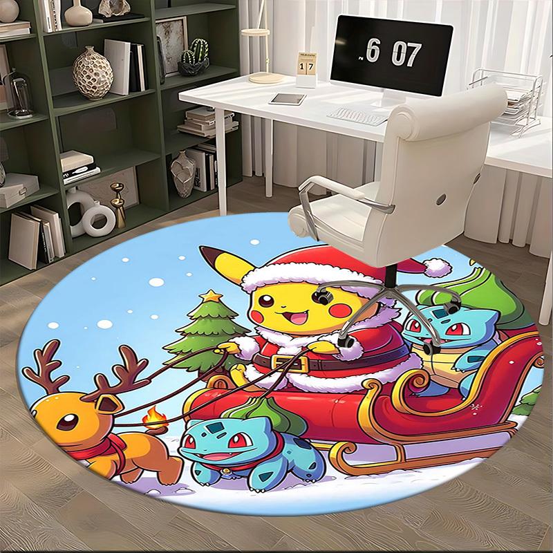 1pc Christmas Pikachu Santa Claus Round Carpet - Anime Design, Holiday Gift, Office Chair Mat, Non-Slip Rug for Home Decor, Living Room