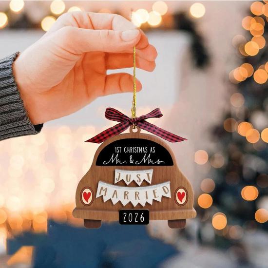 Wedding Gifts for Couples 2026 Newly Married Hanging Car Ornament Gift with Buffalo Plaid Bow Tie Just Married 3.9" Rustic Bridal Shower Decor for