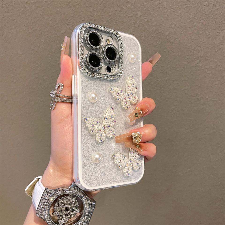 Bling Glitter Pearl Butterfly Silicone Phone Case For iPhone 16 15 14 13 12 11 Pro Max Plus Luxury Protector Shockproof Cover