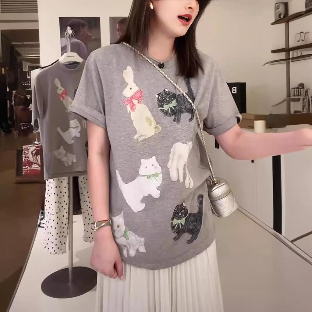 European retro pure cotton cartoon dog cat print short-sleeved T-shirt women's summer loose large size versatile top tide