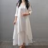 Buttons Decor False Two Pieces Baggy Dress Large Hem V-Neck Solid Color Long Sleeve Retro Dress Streetwear