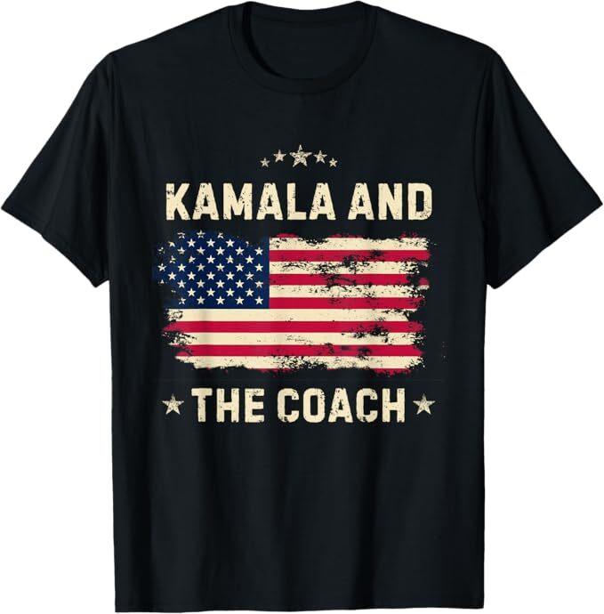 Kamala And The Coach 2024 Harris Walz Waltz USA Flag T-Shirt