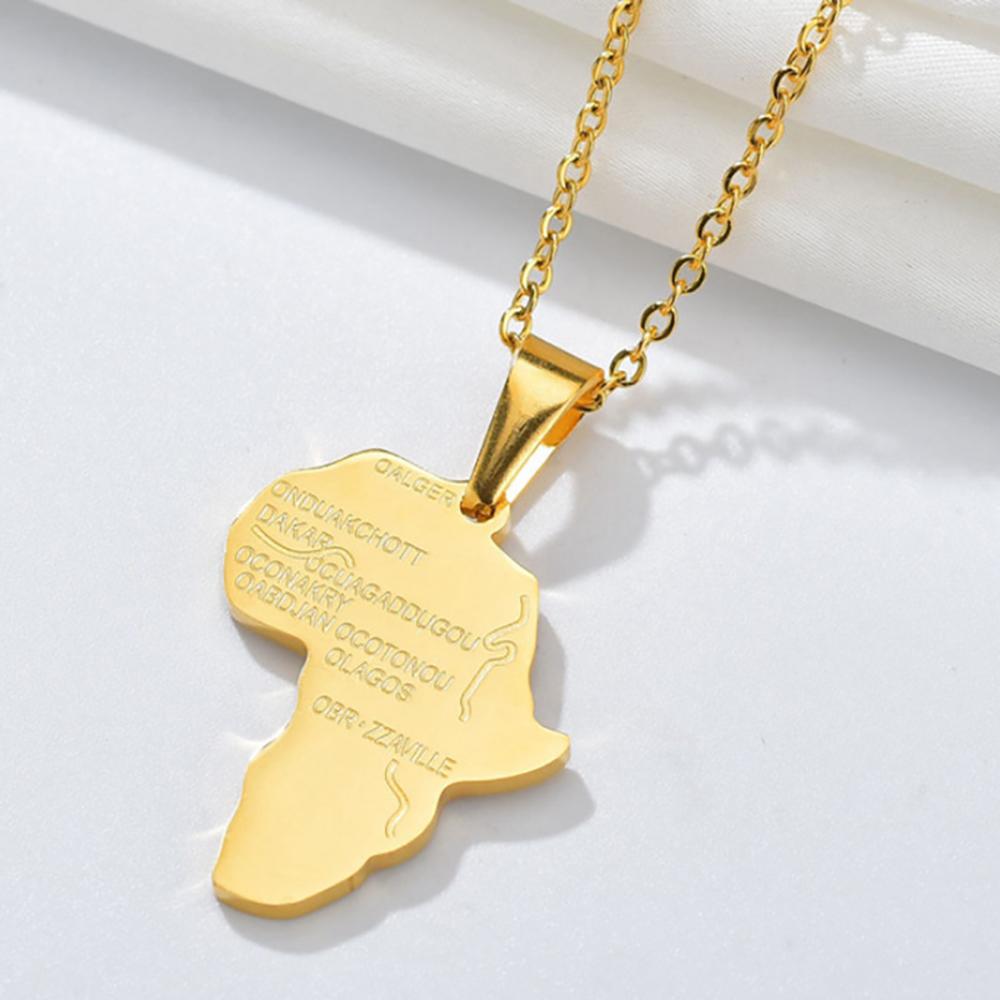 Punk Fashion African Africa Map Pendant Necklaces Female Gold Color Stainless Steels Chain for Women Men Ethiopian Jewelry Gift